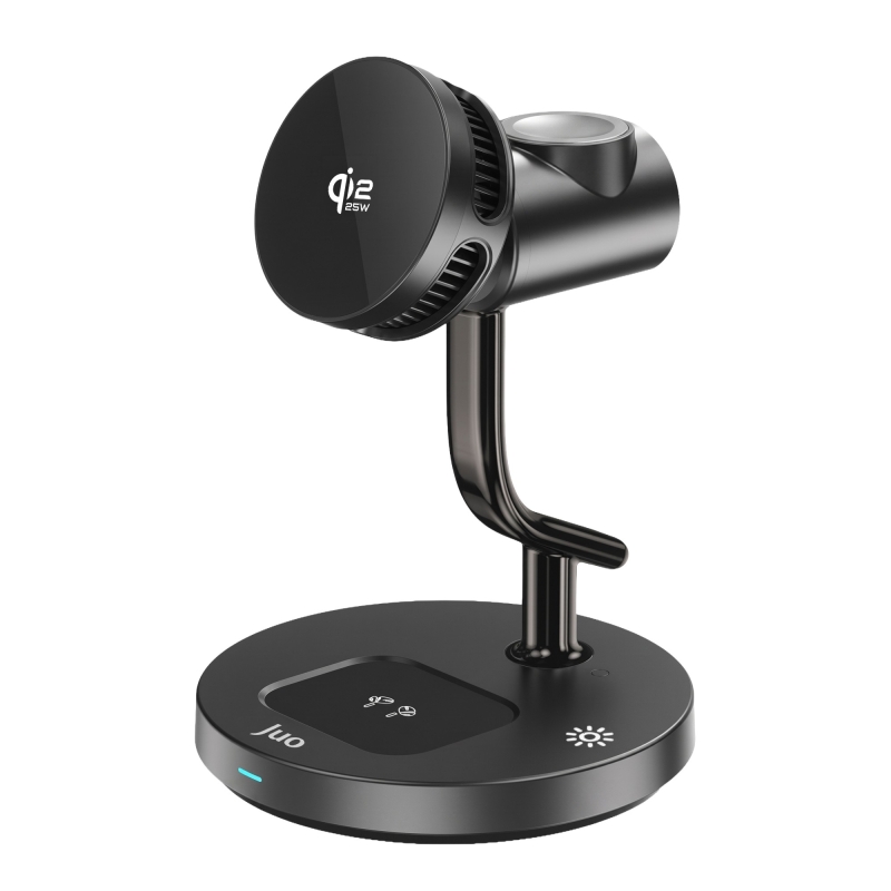 Juo 25W Qi2 iPhone Apple Watch Airpods Magsafe Uyumlu Manyetik Kablosuz Şarj İstasyonu Soğutucu Fanlı LED Işıklı Masaüstü Şarj Standı Siyah - 1
