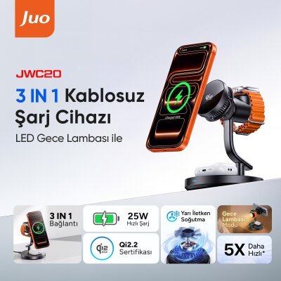 Juo 25W Qi2 iPhone Apple Watch Airpods Magsafe Uyumlu Manyetik Kablosuz Şarj İstasyonu Soğutucu Fanlı LED Işıklı Masaüstü Şarj Standı Siyah - 3