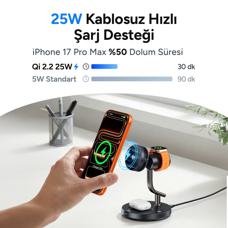 Juo 25W Qi2 iPhone Apple Watch Airpods Magsafe Uyumlu Manyetik Kablosuz Şarj İstasyonu Soğutucu Fanlı LED Işıklı Masaüstü Şarj Standı Siyah - 4