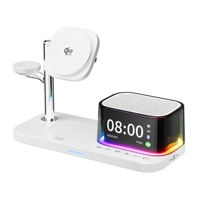 Juo 25W Qi2 Magsafe Uyumlu 5'i 1 Arada Manyetik Kablosuz Şarj İstasyonu Bluetooth Hoparlör Alarmlı Dijital Saat RGB Şarj Standı Beyaz - Juo