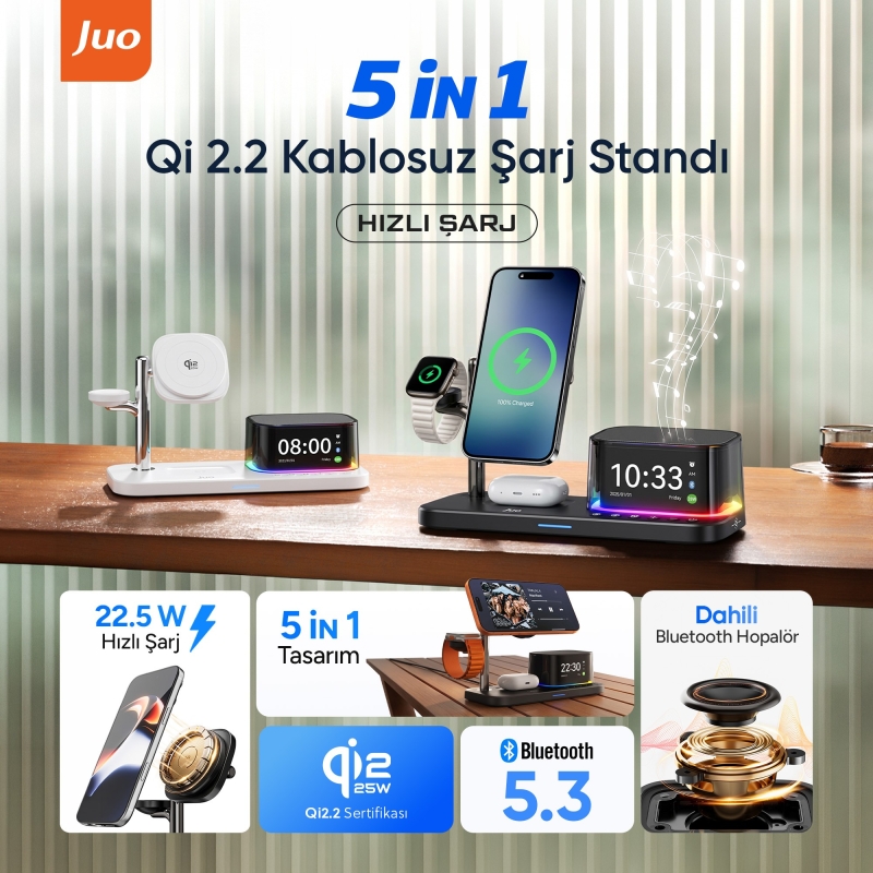 Juo 25W Qi2 Magsafe Uyumlu 5'i 1 Arada Manyetik Kablosuz Şarj İstasyonu Bluetooth Hoparlör Alarmlı Dijital Saat RGB Şarj Standı Beyaz - 2