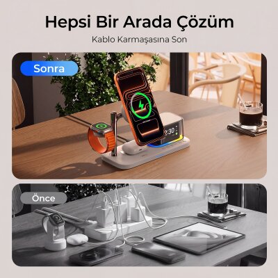 Juo 25W Qi2 Magsafe Uyumlu 5'i 1 Arada Manyetik Kablosuz Şarj İstasyonu Bluetooth Hoparlör Alarmlı Dijital Saat RGB Şarj Standı Beyaz - 6