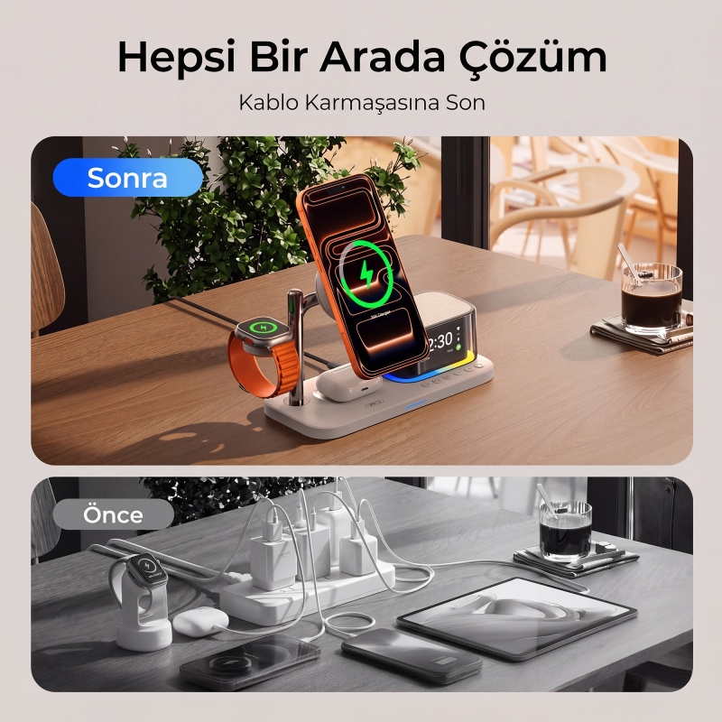 Juo 25W Qi2 Magsafe Uyumlu 5'i 1 Arada Manyetik Kablosuz Şarj İstasyonu Bluetooth Hoparlör Alarmlı Dijital Saat RGB Şarj Standı Beyaz - 6