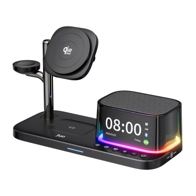 Juo 25W Qi2 Magsafe Uyumlu 5'i 1 Arada Manyetik Kablosuz Şarj İstasyonu Bluetooth Hoparlör Alarmlı Dijital Saat RGB Şarj Standı Siyah - Juo