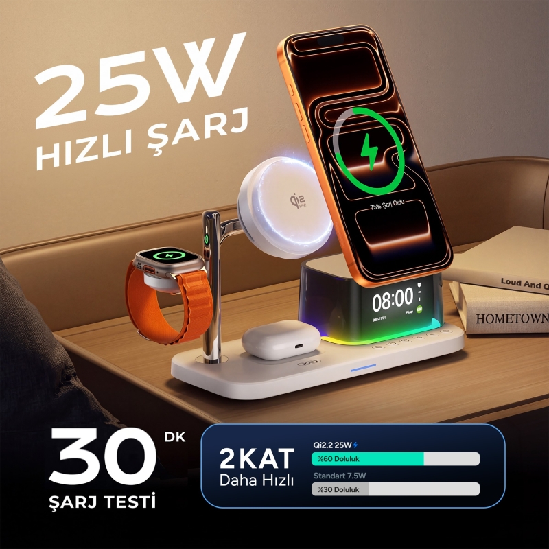 Juo 25W Qi2 Magsafe Uyumlu 5'i 1 Arada Manyetik Kablosuz Şarj İstasyonu Bluetooth Hoparlör Alarmlı Dijital Saat RGB Şarj Standı Siyah - 3