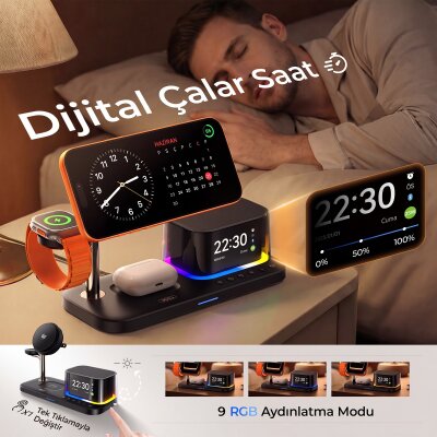 Juo 25W Qi2 Magsafe Uyumlu 5'i 1 Arada Manyetik Kablosuz Şarj İstasyonu Bluetooth Hoparlör Alarmlı Dijital Saat RGB Şarj Standı Siyah - 4