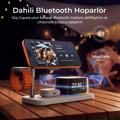 Juo 25W Qi2 Magsafe Uyumlu 5'i 1 Arada Manyetik Kablosuz Şarj İstasyonu Bluetooth Hoparlör Alarmlı Dijital Saat RGB Şarj Standı Siyah - 5