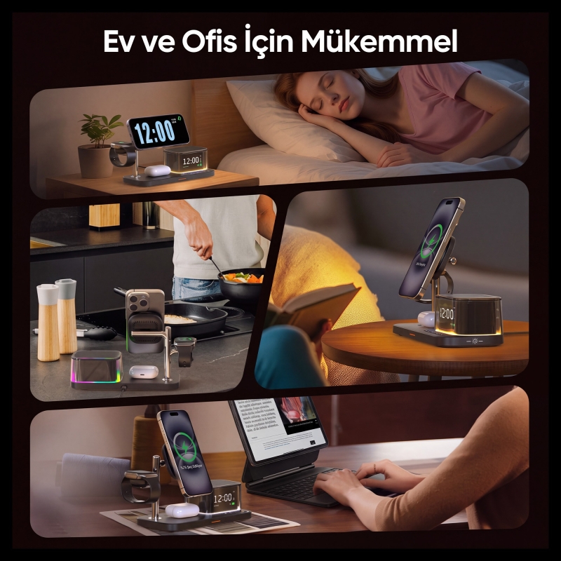 Juo 25W Qi2 Magsafe Uyumlu 5'i 1 Arada Manyetik Kablosuz Şarj İstasyonu Bluetooth Hoparlör Alarmlı Dijital Saat RGB Şarj Standı Siyah - 7