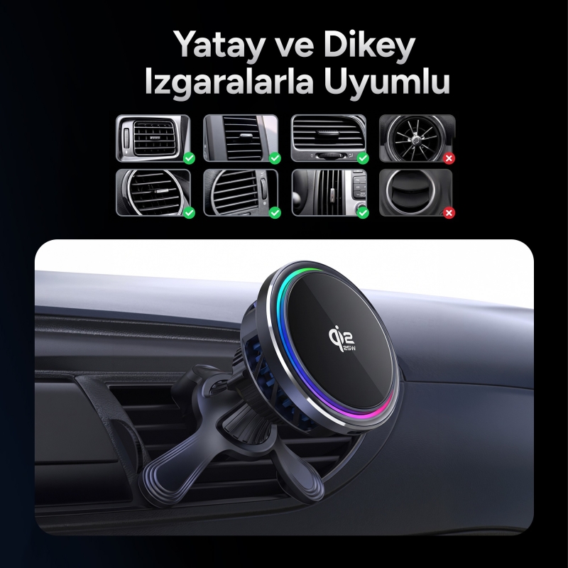 Juo 25W Qi2.2 MagSafe Uyumlu Manyetik Kablosuz Araç Şarj Cihazı Soğutucu Fanlı Havalandırma Izgarası Telefon Tutucu - 6