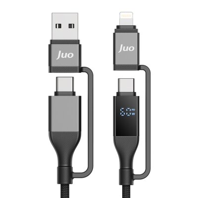 Juo 60W 4'ü 1 Arada Type-C / USB-A / Lightning Dijital LED Ekranlı Örgülü Hızlı Şarj ve Data Kablosu 1.2 Metre - Juo