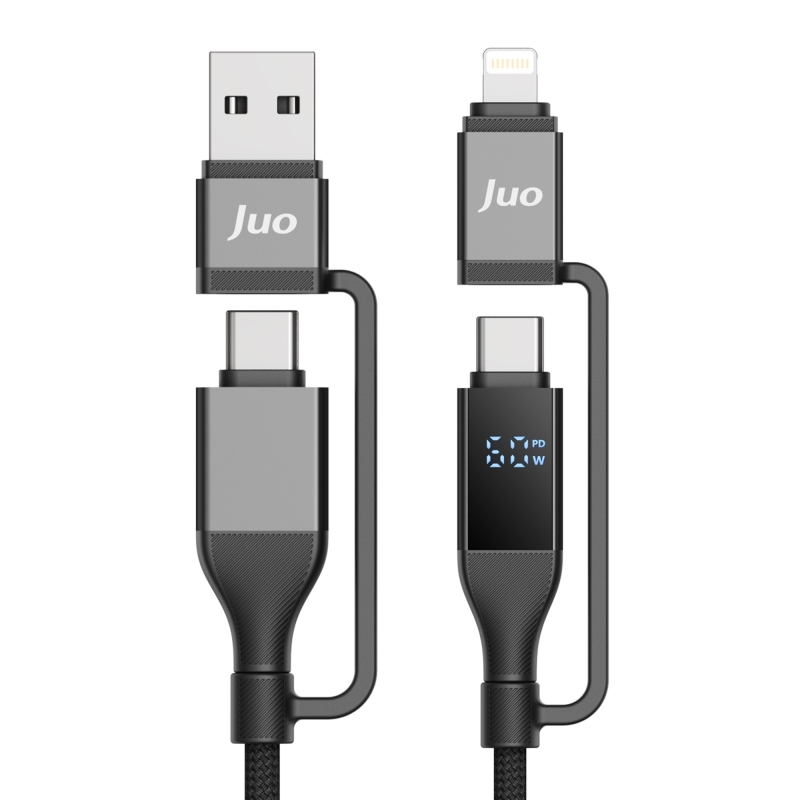 Juo 60W 4'ü 1 Arada Type-C / USB-A / Lightning Dijital LED Ekranlı Örgülü Hızlı Şarj ve Data Kablosu 1.2 Metre - 1