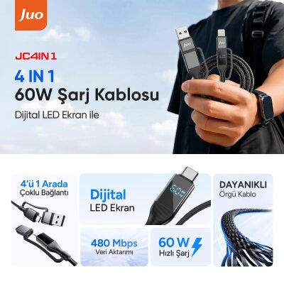 Juo 60W 4'ü 1 Arada Type-C / USB-A / Lightning Dijital LED Ekranlı Örgülü Hızlı Şarj ve Data Kablosu 1.2 Metre - 2