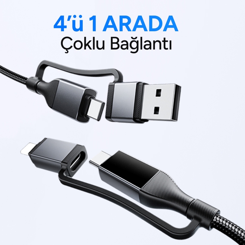 Juo 60W 4'ü 1 Arada Type-C / USB-A / Lightning Dijital LED Ekranlı Örgülü Hızlı Şarj ve Data Kablosu 1.2 Metre - 3