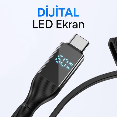 Juo 60W 4'ü 1 Arada Type-C / USB-A / Lightning Dijital LED Ekranlı Örgülü Hızlı Şarj ve Data Kablosu 1.2 Metre - 4