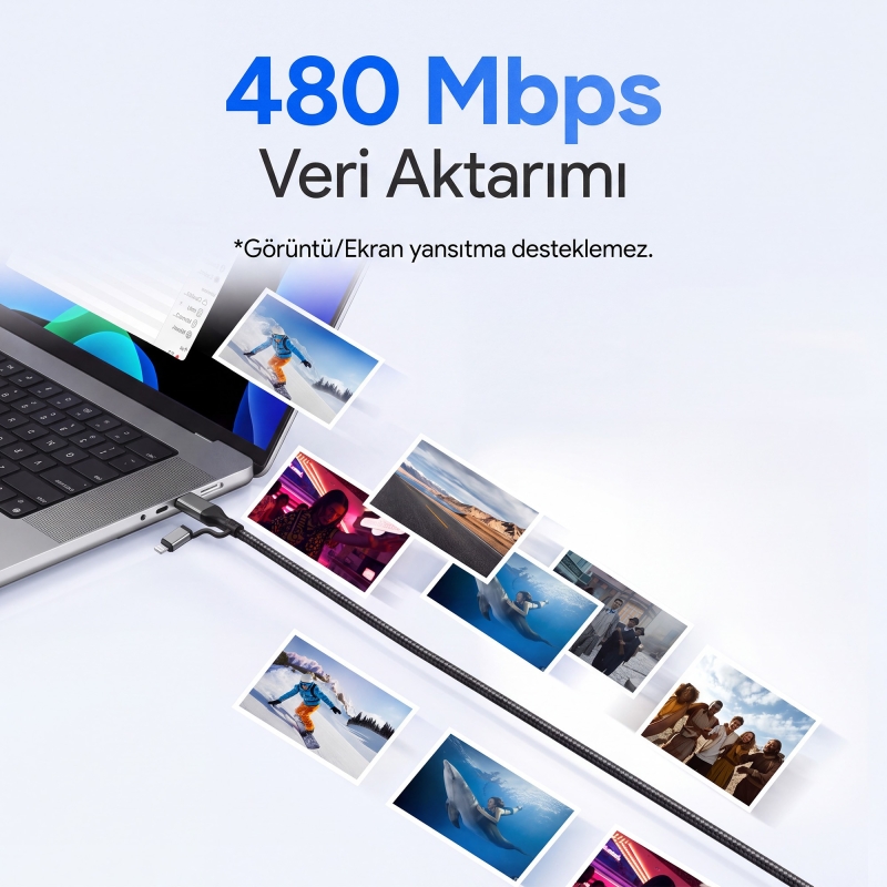 Juo 60W 4'ü 1 Arada Type-C / USB-A / Lightning Dijital LED Ekranlı Örgülü Hızlı Şarj ve Data Kablosu 1.2 Metre - 5