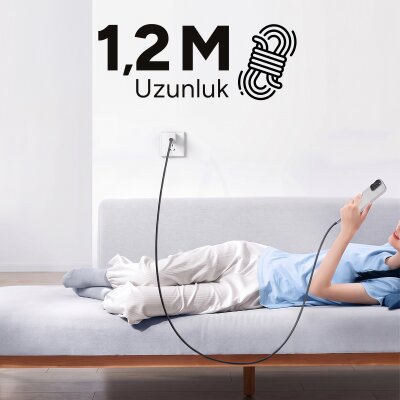 Juo 60W 4'ü 1 Arada Type-C / USB-A / Lightning Dijital LED Ekranlı Örgülü Hızlı Şarj ve Data Kablosu 1.2 Metre - 6