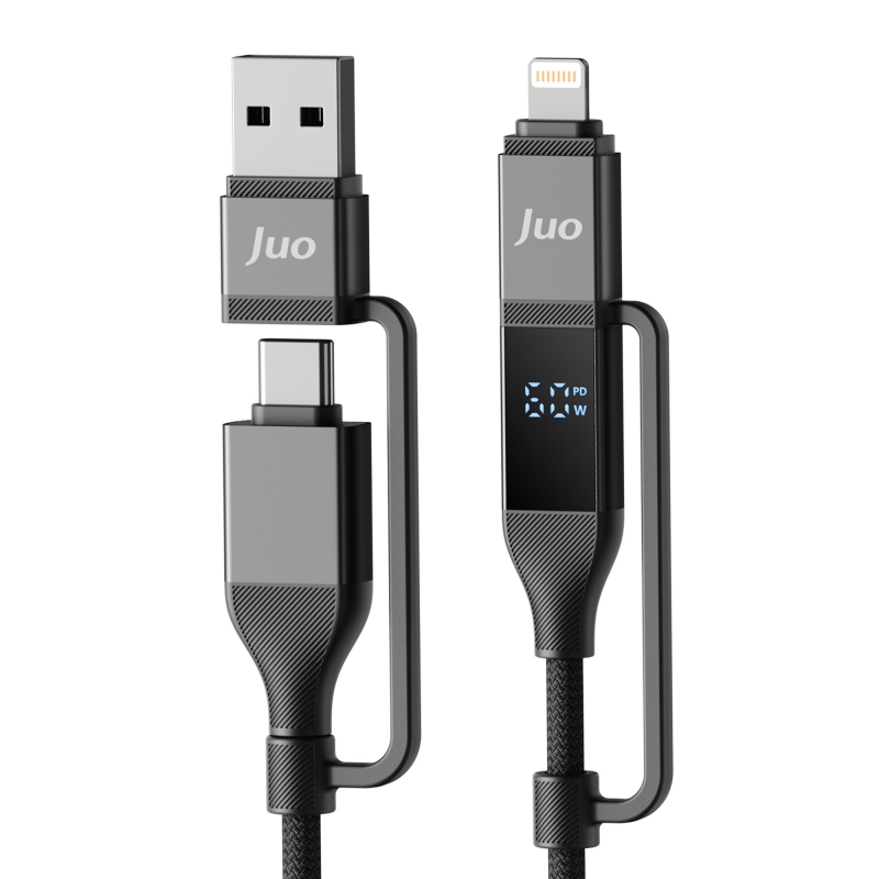 Juo 60W 4'ü 1 Arada Type-C / USB-A / Lightning Dijital LED Ekranlı Örgülü Hızlı Şarj ve Data Kablosu 1.2 Metre - 7