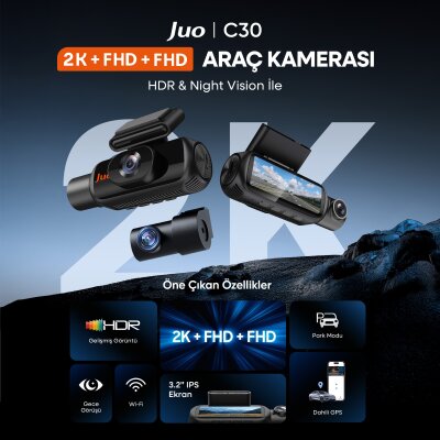 Juo C30 2K QHD Ön + FHD iç + FHD Arka 3 Kameralı WiFi GPS HDR Araç Kamerası Ekranlı 170° Geniş Açı Gece Görüş Araç içi Kamera - 2