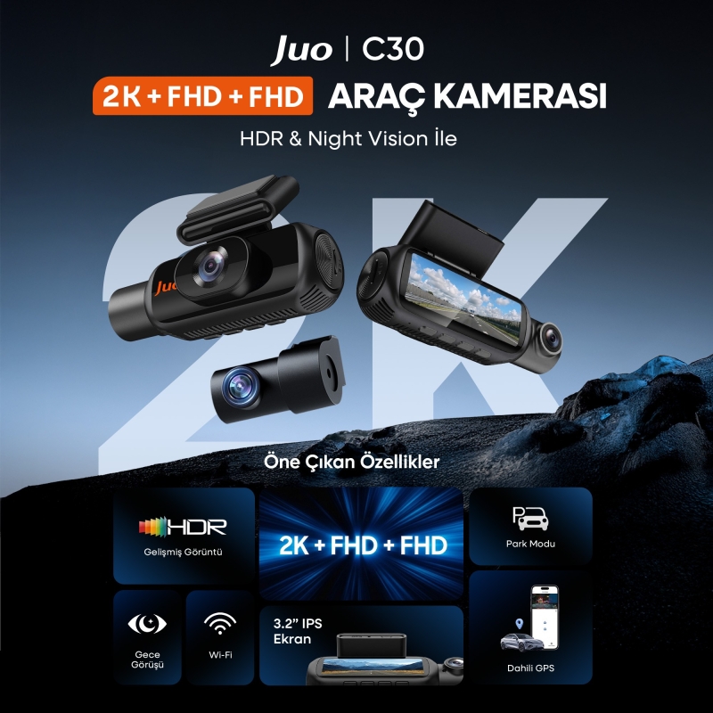 Juo C30 2K QHD Ön + FHD iç + FHD Arka 3 Kameralı WiFi GPS HDR Araç Kamerası Ekranlı 170° Geniş Açı Gece Görüş Araç içi Kamera - 2