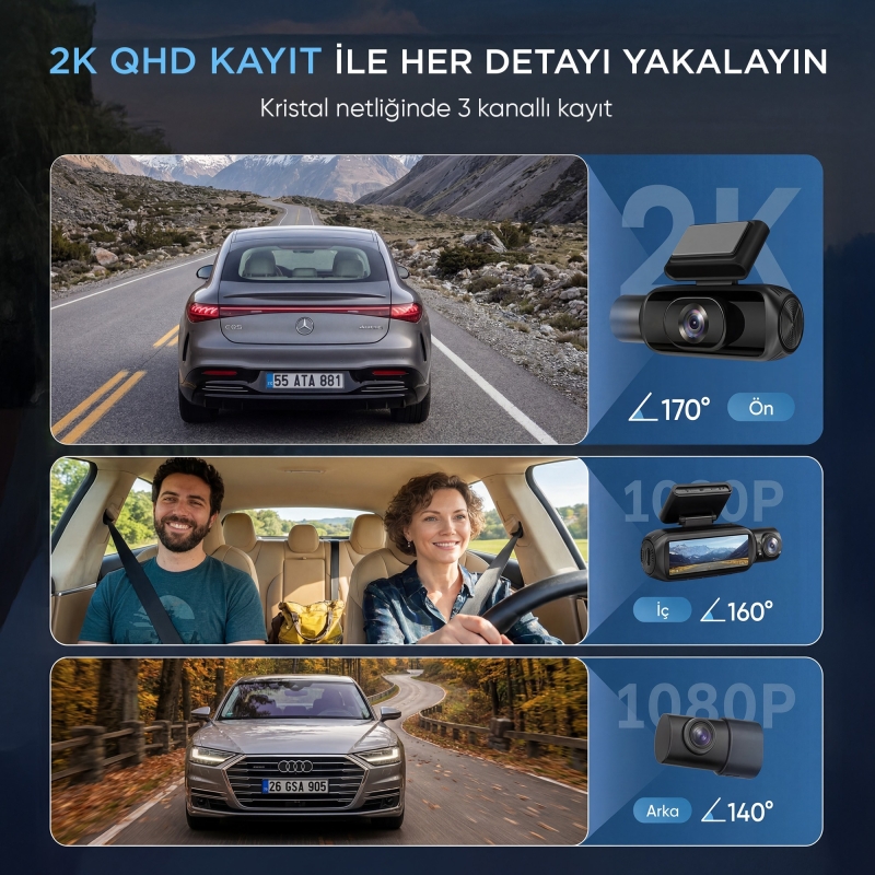 Juo C30 2K QHD Ön + FHD iç + FHD Arka 3 Kameralı WiFi GPS HDR Araç Kamerası Ekranlı 170° Geniş Açı Gece Görüş Araç içi Kamera - 3
