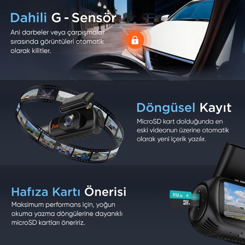 Juo C30 2K QHD Ön + FHD iç + FHD Arka 3 Kameralı WiFi GPS HDR Araç Kamerası Ekranlı 170° Geniş Açı Gece Görüş Araç içi Kamera - 6