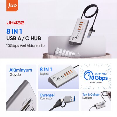 Juo JH432 Type-C ve USB-A 8 Portlu 4*USB-A 2*Type-C 10Gbps USB Hub Çoklayıcı SD/MicroSD Kart Okuyucu Dönüştürücü Hub - 2