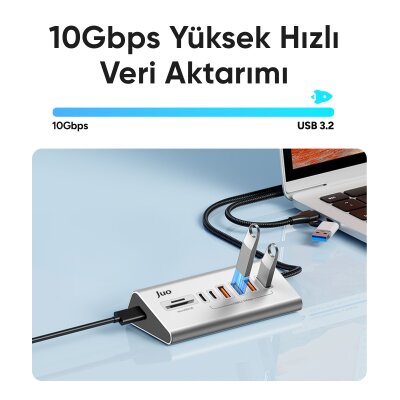 Juo JH432 Type-C ve USB-A 8 Portlu 4*USB-A 2*Type-C 10Gbps USB Hub Çoklayıcı SD/MicroSD Kart Okuyucu Dönüştürücü Hub - 3