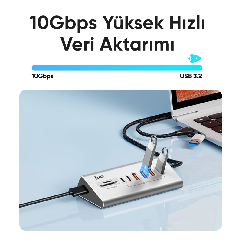 Juo JH432 Type-C ve USB-A 8 Portlu 4*USB-A 2*Type-C 10Gbps USB Hub Çoklayıcı SD/MicroSD Kart Okuyucu Dönüştürücü Hub - 3
