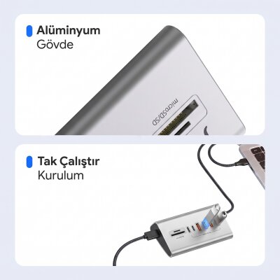 Juo JH432 Type-C ve USB-A 8 Portlu 4*USB-A 2*Type-C 10Gbps USB Hub Çoklayıcı SD/MicroSD Kart Okuyucu Dönüştürücü Hub - 6