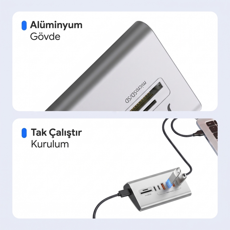 Juo JH432 Type-C ve USB-A 8 Portlu 4*USB-A 2*Type-C 10Gbps USB Hub Çoklayıcı SD/MicroSD Kart Okuyucu Dönüştürücü Hub - 6