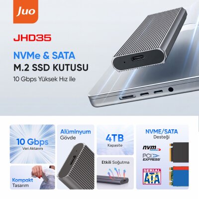 Juo JHD35 M.2 SATA ve NVMe SSD Dual Protocol Disk Kutusu Type-C USB 3.1 10Gbps Alüminyum 4TB Destekli Harici SSD Disk Kutusu - 2