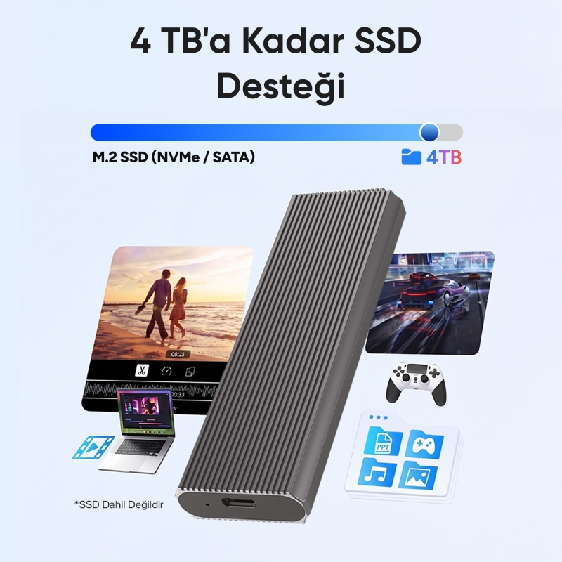 Juo JHD35 M.2 SATA ve NVMe SSD Dual Protocol Disk Kutusu Type-C USB 3.1 10Gbps Alüminyum 4TB Destekli Harici SSD Disk Kutusu - 4