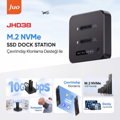 Juo JHD38 Dual M.2 NVMe SSD Offline Clone Docking Station 16TB Type-C 10Gbps USB 3.2 Klon Fonksiyonlu Disk İstasyonu - 2