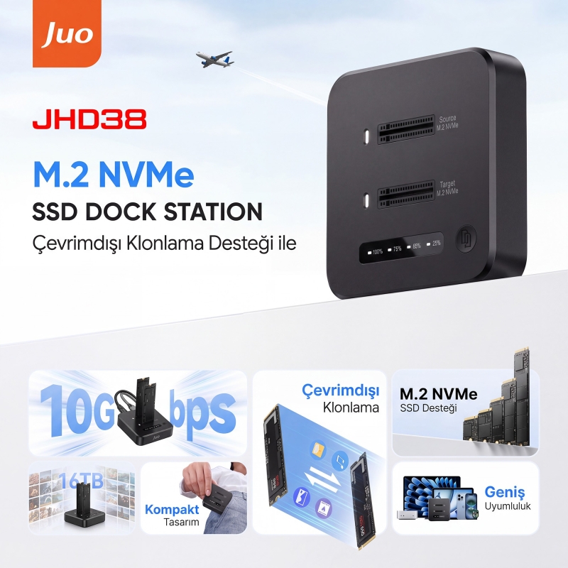 Juo JHD38 Dual M.2 NVMe SSD Offline Clone Docking Station 16TB Type-C 10Gbps USB 3.2 Klon Fonksiyonlu Disk İstasyonu - 2