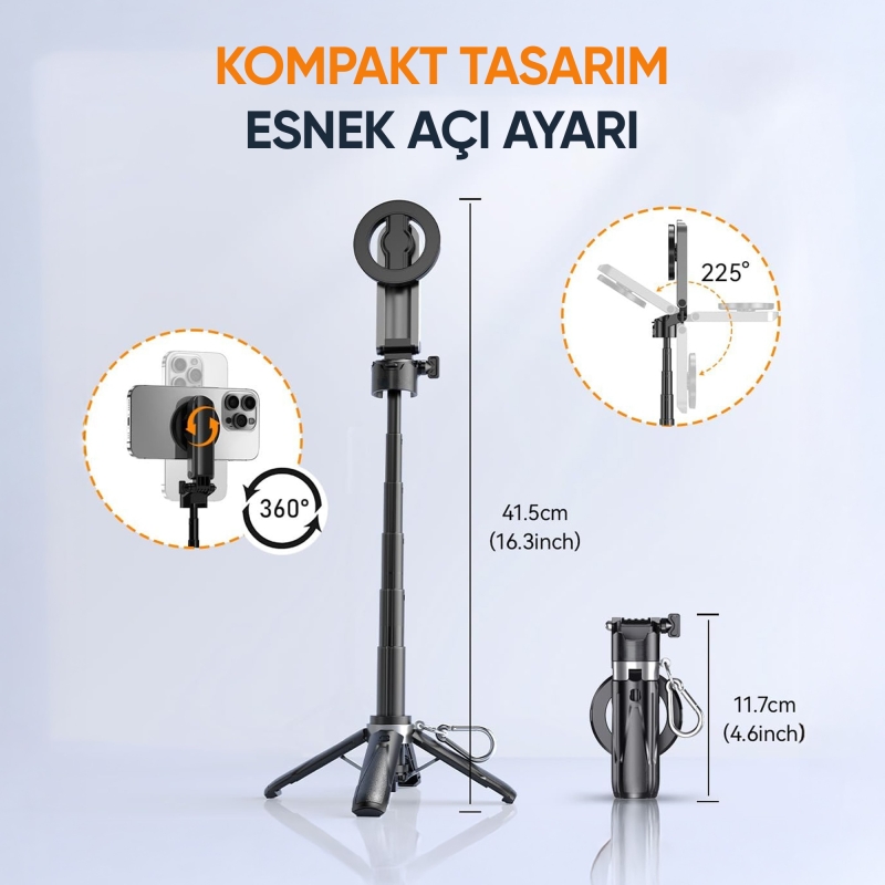Juo JST30 Magsafe Manyetik Kumandalı Tripod Monopod Selfie Çubuğu Android iPhone Uyumlu Siyah - 5