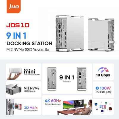 Juo Mac Mini M6, M5 Pro, M4 için Dock Station NVMe SSD Kutusu USB Çoklayıcı Hub 10Gbps 4K 60Hz HDMI SD/TF 4.0 Kart Okuyucu 100W PD Alüminyum Stand - 2