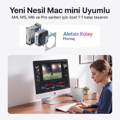Juo Mac Mini M6, M5 Pro, M4 için Dock Station NVMe SSD Kutusu USB Çoklayıcı Hub 10Gbps 4K 60Hz HDMI SD/TF 4.0 Kart Okuyucu 100W PD Alüminyum Stand - 4
