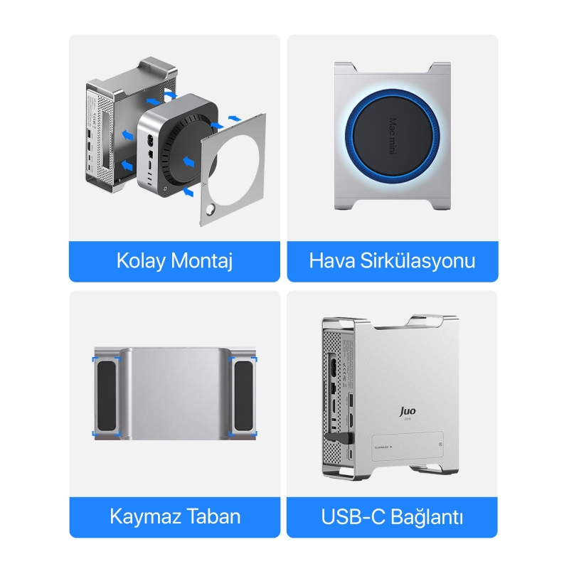 Juo Mac Mini M6, M5 Pro, M4 için Dock Station NVMe SSD Kutusu USB Çoklayıcı Hub 10Gbps 4K 60Hz HDMI SD/TF 4.0 Kart Okuyucu 100W PD Alüminyum Stand - 8