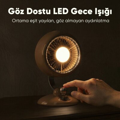 Juo Q3 120° Salınımlı 3 Kademeli LED Işıklı Şarjlı Masaüstü Fan Vantilatör Retro Bej - 7