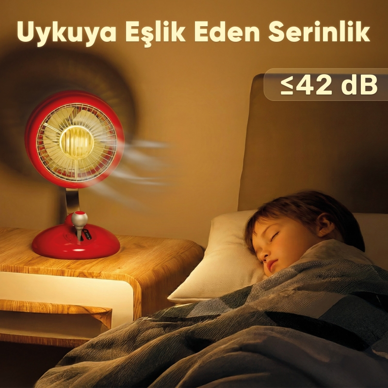 Juo Q3 120° Salınımlı 3 Kademeli LED Işıklı Şarjlı Masaüstü Fan Vantilatör Retro Kırmızı - 4