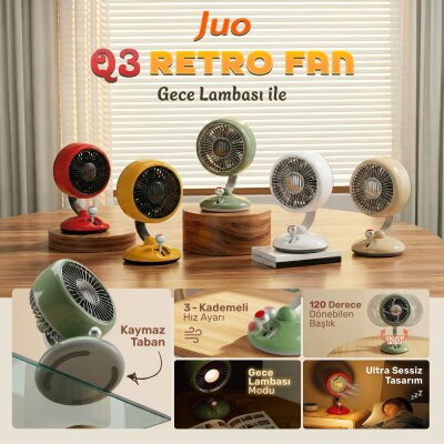 Juo Q3 120° Salınımlı 3 Kademeli LED Işıklı Şarjlı Masaüstü Fan Vantilatör Retro Yeşil - 2