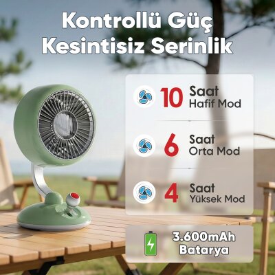 Juo Q3 120° Salınımlı 3 Kademeli LED Işıklı Şarjlı Masaüstü Fan Vantilatör Retro Yeşil - 6
