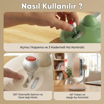 Juo Q3 120° Salınımlı 3 Kademeli LED Işıklı Şarjlı Masaüstü Fan Vantilatör Retro Yeşil - 8