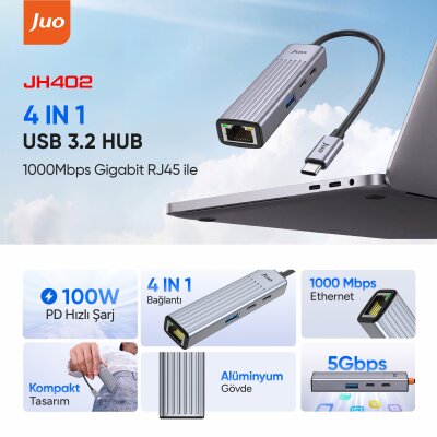 Juo Type-C 4 Portlu 1x USB-A 1x Type-C RJ45 Gigabit Ethernet 100W PD Şarj Girişi Çoklayıcı Dönüştürücü Hub - 2