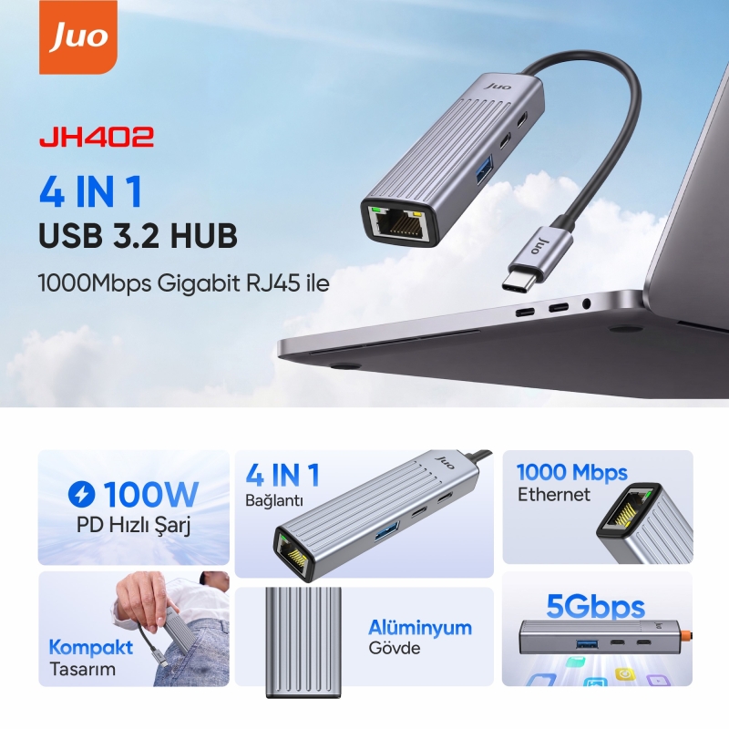 Juo Type-C 4 Portlu 1x USB-A 1x Type-C RJ45 Gigabit Ethernet 100W PD Şarj Girişi Çoklayıcı Dönüştürücü Hub - 2
