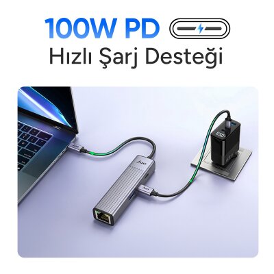 Juo Type-C 4 Portlu 1x USB-A 1x Type-C RJ45 Gigabit Ethernet 100W PD Şarj Girişi Çoklayıcı Dönüştürücü Hub - 5