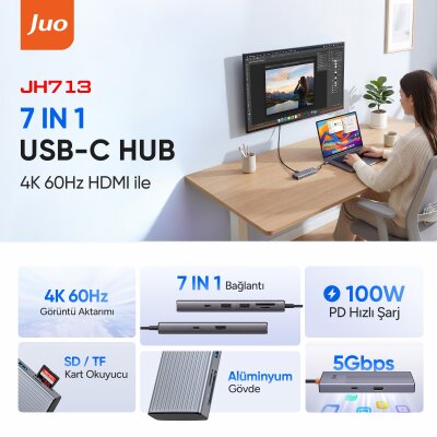 Juo Type-C 7 Portlu 4K 60Hz HDMI SD MicroSD Kart Okuyucu 100W PD Type-C ve 2*USB 3.2 Çoklayıcı Hub Dönüştürücü - 2