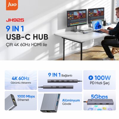 Juo Type-C 9 Portlu Dual 4K 60Hz HDMI MST Gigabit Ethernet Dönüştürücü 100W PD 4*USB 3.2 Çoklayıcı Hub - 2