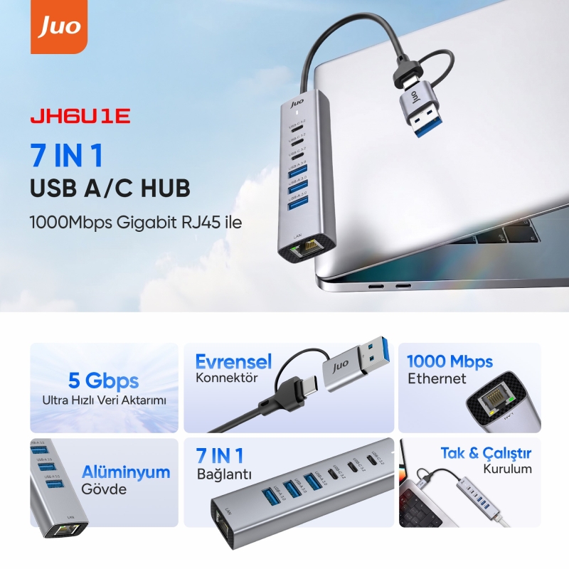 Juo Type-C ve USB-A 7 Portlu 3*USB-A 3*Type-C Gigabit Ethernet Dönüştürücü USB Çoklayıcı Hub - 2