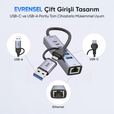 Juo Type-C ve USB-A 7 Portlu 3*USB-A 3*Type-C Gigabit Ethernet Dönüştürücü USB Çoklayıcı Hub - 5